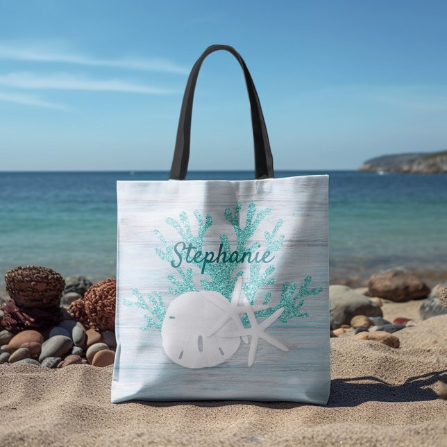 Starfish Beach Sand Dollar Driftwood Aqua Tote Bag (Creator Uploaded)