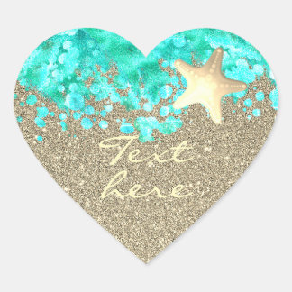 Starfish beach sand ocean water gold turquoise  heart sticker