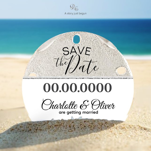 Starfish Beach Save the Date Coastal Magnet (Close-up of the Starfish Beach Dream Wedding Save the Date Magnet displayed in the sand.)