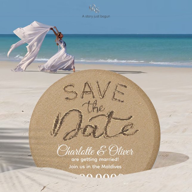 Starfish Beach Save the Date Destination Magnet (Starfish couple Save the Date magnet in sand as the bride gracefully strolls the shore, veil adrift.)