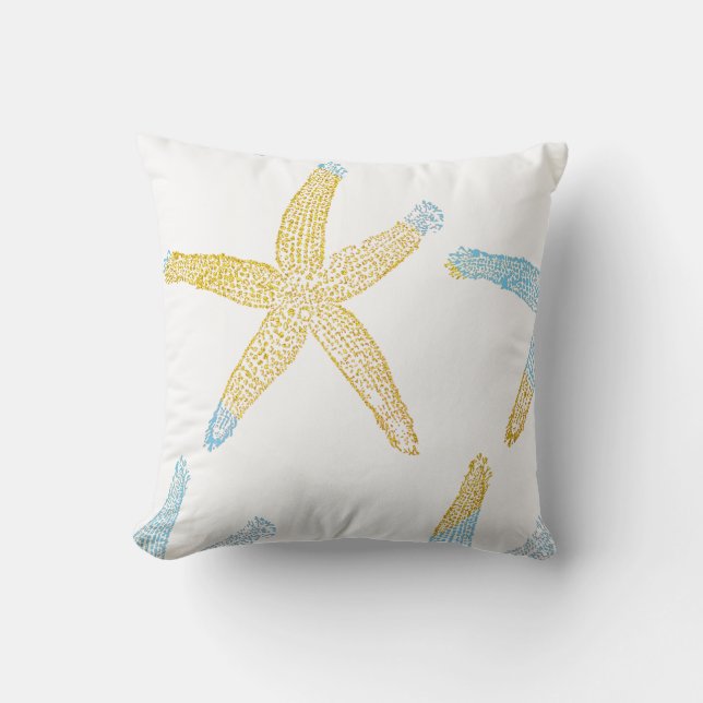 Starfish Beach Sky Blue Glittery Gold White Cute Cushion (Front)