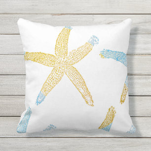 Starfish Beach Sky Blue Glittery Gold White Cute Cushion