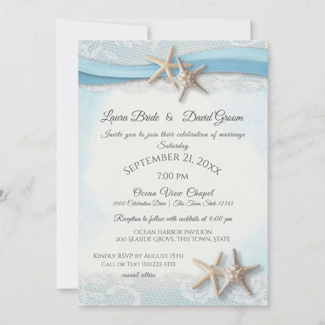 Starfish Beach Sky Blue with Heart  Invitation (Front)
