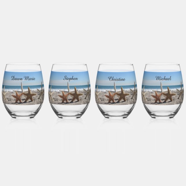 Starfish Beach Stemless Wine Glass or Rocks Glass (Front)
