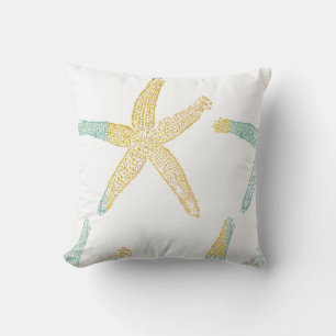 Starfish Beach Teal Blue Green Glittery Gold White Cushion