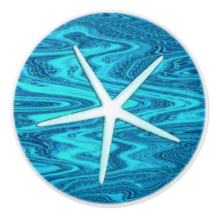 Starfish Beach Waves Teal Blue White Ocean Decor Ceramic Knob