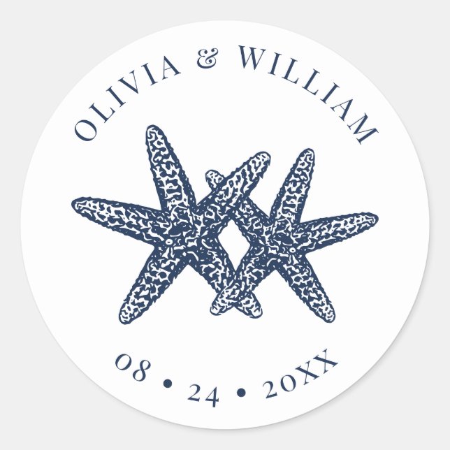 Starfish Beach Wedding Coastal Navy Blue  Classic Round Sticker (Front)