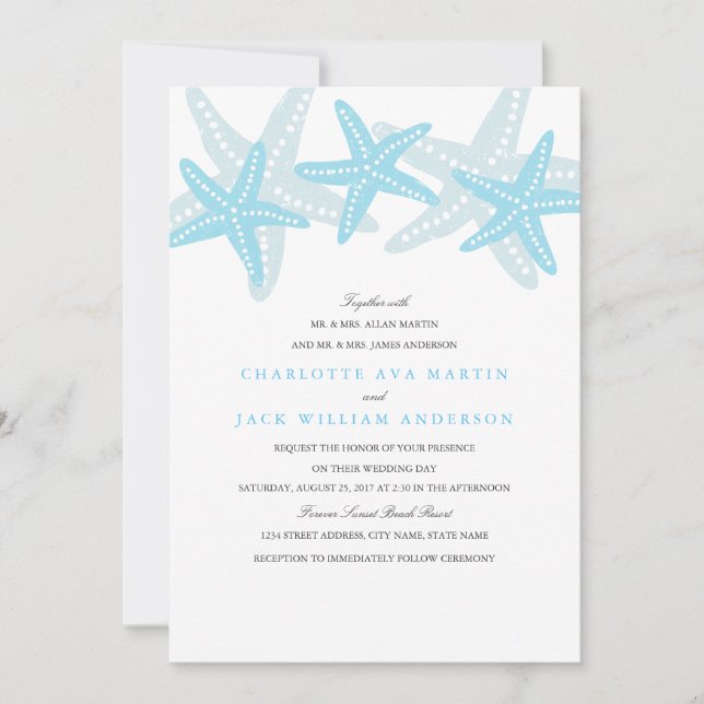 Starfish Beach Wedding Invitation Blue (Front)