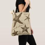 Starfish Beach Wedding Party (Maid of Honour) Tote Bag<br><div class="desc">Honour your wedding party with personalised tote bags that accent your destination beach wedding with brown starfish on a rustic burlap background and their title on the front (this one is for the Maid of Honour) and a coordinating pattern of starfish on the back. Fun to fill with wedding essentials...</div>