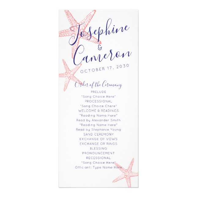Starfish Beach Wedding Program - Coral Pink Rack Card (Front)