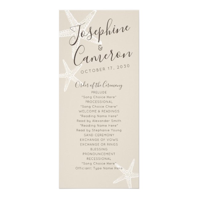 Starfish Beach Wedding Program - Tan and White Rack Card (Front)