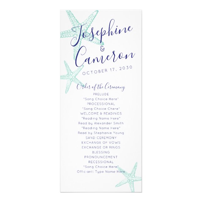 Starfish Beach Wedding Program - Turquoise Blue Rack Card (Front)