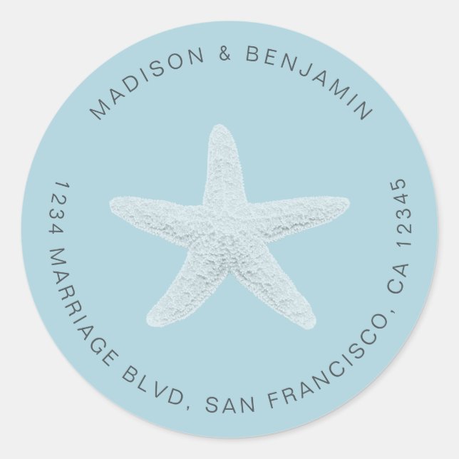 Starfish Beach Wedding Return Address Blue Classic Round Sticker (Front)
