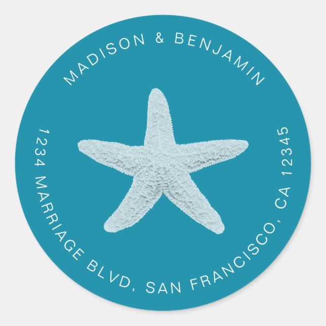 Starfish Beach Wedding Return Address Blue Classic Round Sticker (Front)