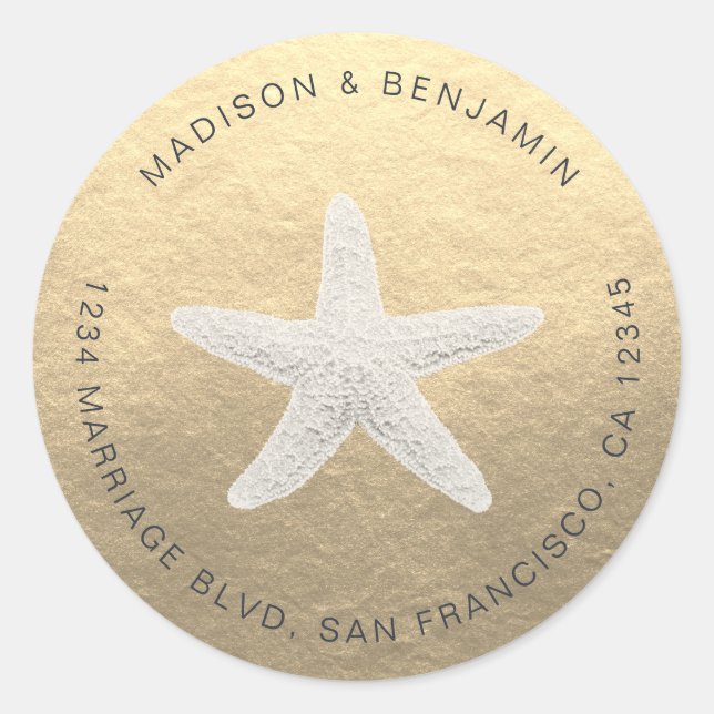 Starfish Beach Wedding Return Address Gold Classic Round Sticker (Front)