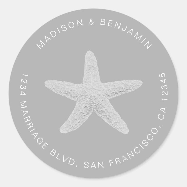 Starfish Beach Wedding Return Address Grey Classic Round Sticker (Front)