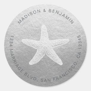 Starfish Beach Wedding Return Address Silver Classic Round Sticker