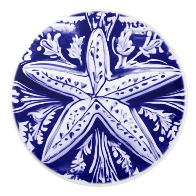 Starfish Blue and White Sea Star Ocean Beach House Ceramic Knob (Front)