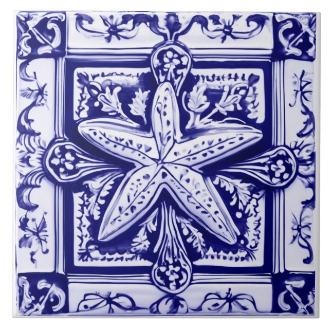 Starfish Blue and White Sea Star Ocean Beach House Ceramic Tile (Front)