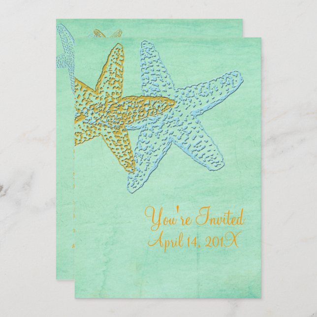STARFISH/BLUE/GOLD/BEACH WEDDING INVITATION (Front/Back)