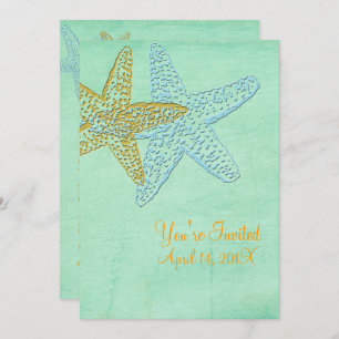 STARFISH/BLUE/GOLD/BEACH WEDDING INVITATION