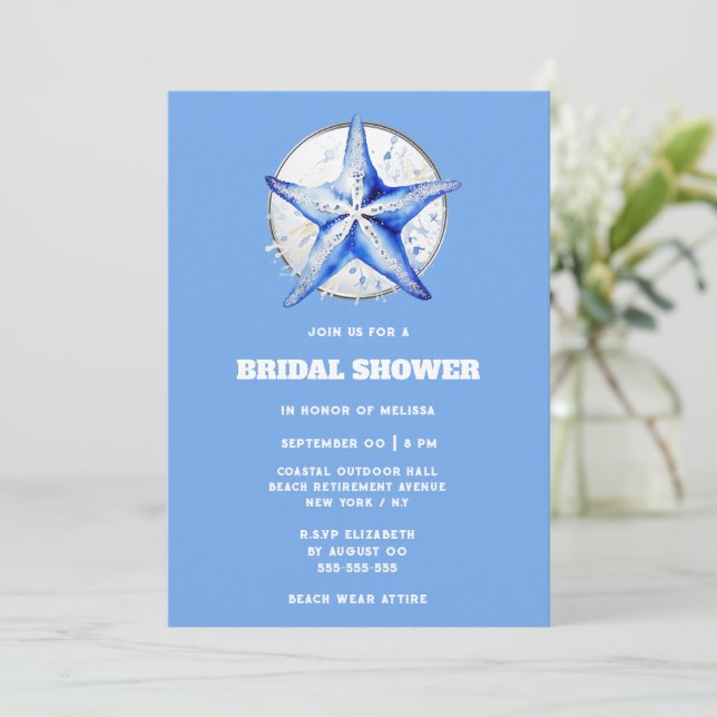 Starfish blue silver white beach bridal shower invitation (Standing Front)