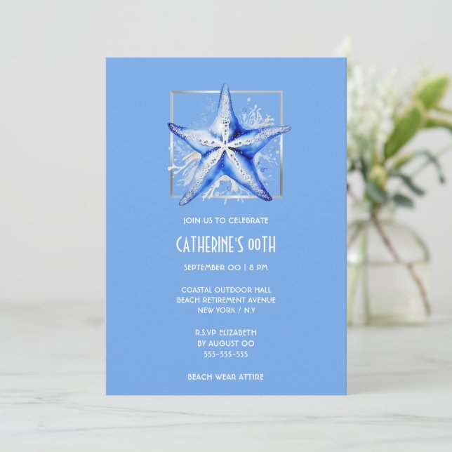 Starfish blue silver white beach theme birthday invitation (Standing Front)