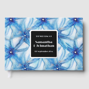 Starfish blue white beach coastal destination foil guest book
