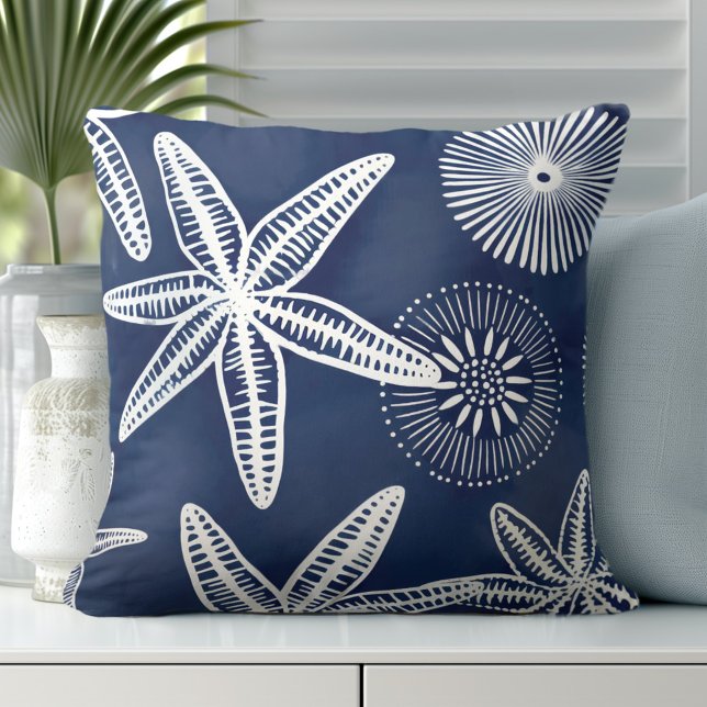Starfish Blue White Throw Pillow (Elevate Your Décor: Discover our Elegant Coastal Starfish Throw Pillows in Blue & White)