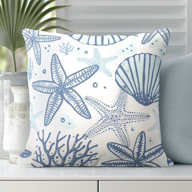 Starfish Blue White Throw Pillow (Discover Gorgeous Coastal Throw Pillows by Totally Coast.)