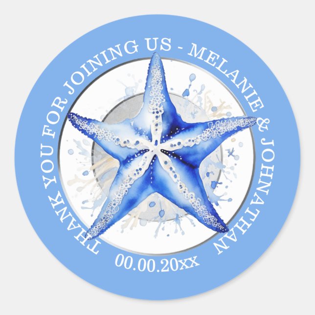 Starfish blue white wedding round elegant beach  classic round sticker (Front)
