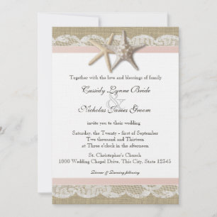Starfish Blush Country Lace and Burlap Wedding Invitation