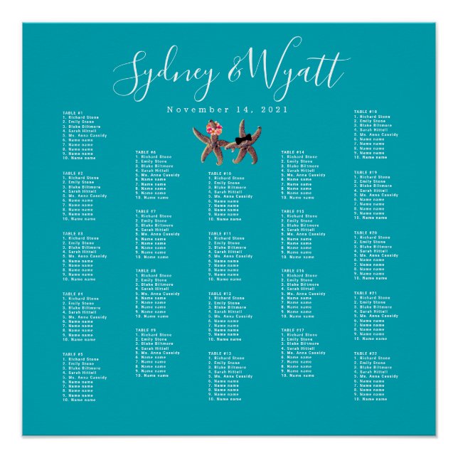 Starfish Bride n Groom Large Seating Chart Poster (Front)