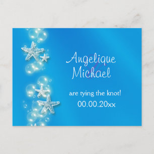 Starfish bubbles blue white beach save date announcement postcard