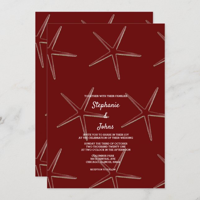 Starfish Burgundy Red Beach Destination Wedding Invitation (Front/Back)