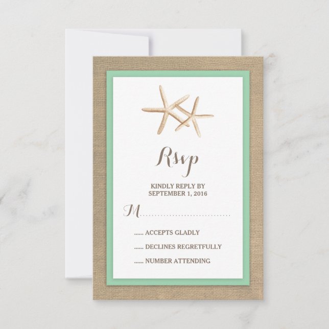 Starfish Burlap Beach Tropical Wedding RSVP (Front)