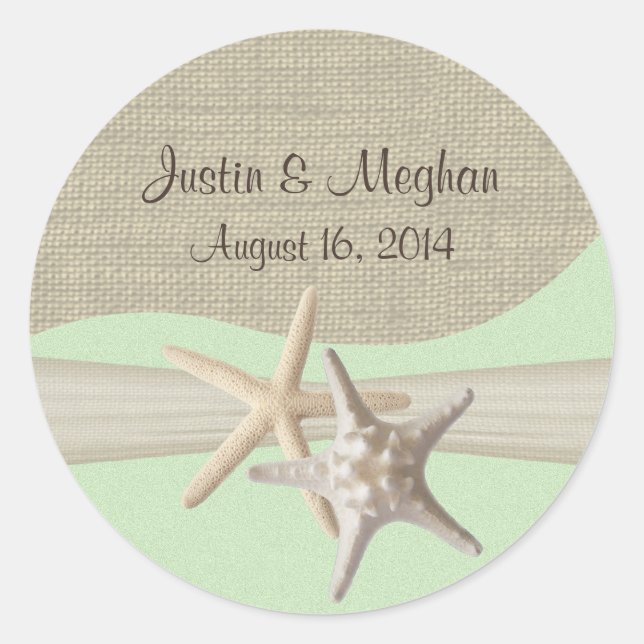 Starfish & Burlap Green Classic Round Sticker (Front)