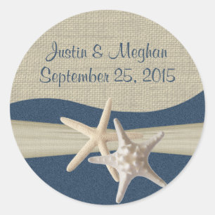 Starfish & Burlap Navy Blue Beach Classic Round Sticker