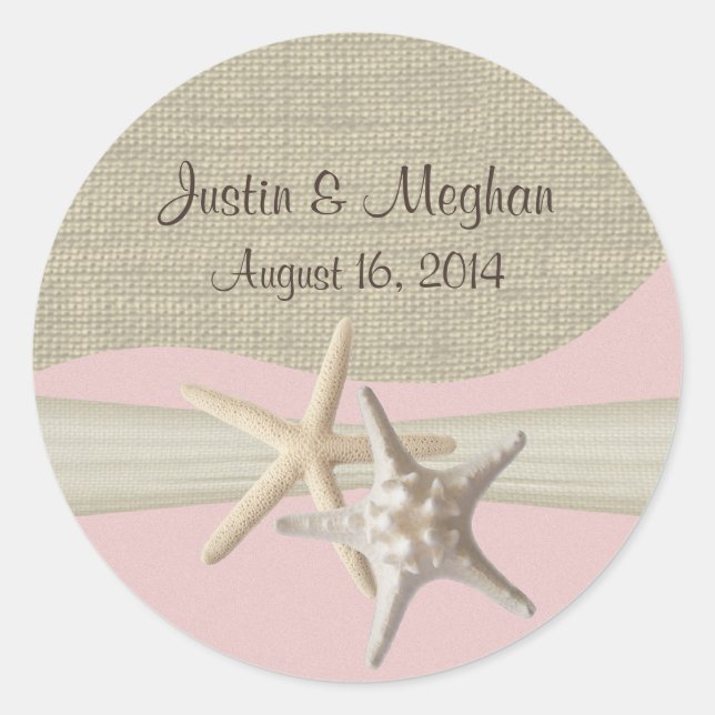 Starfish & Burlap Pink Classic Round Sticker (Front)