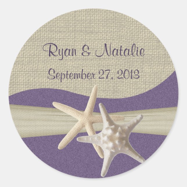 Starfish & Burlap Purple Beach Classic Round Sticker (Front)