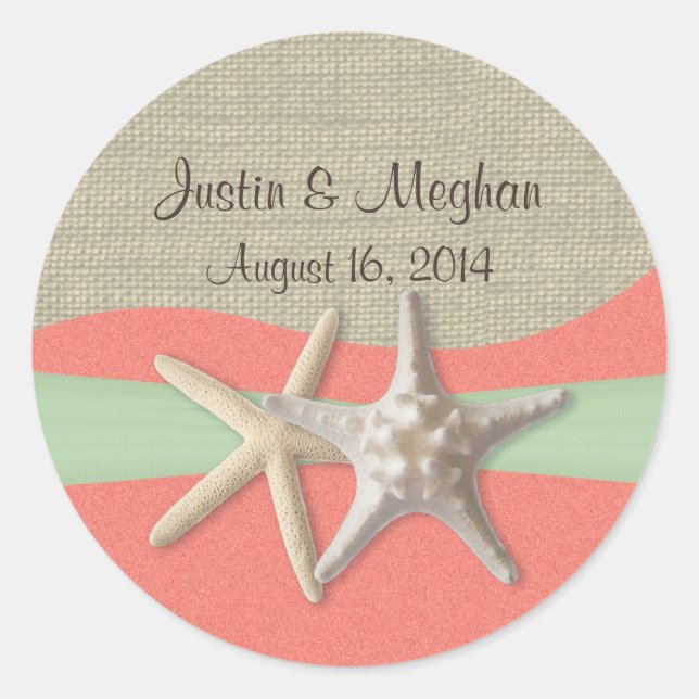 Starfish & Burlap Shell Coral Classic Round Sticker (Front)