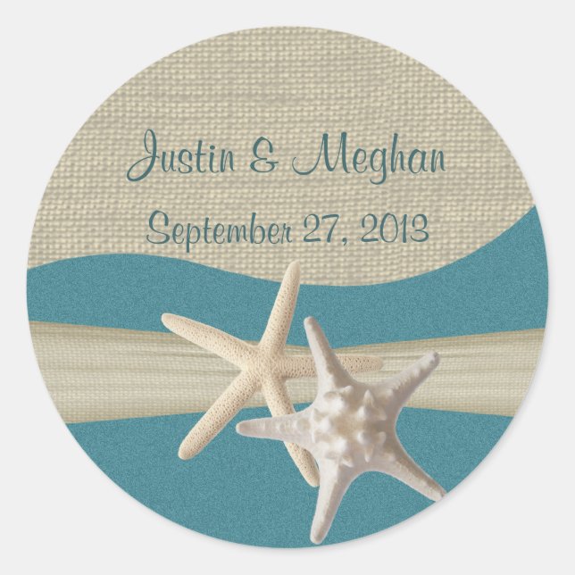 Starfish & Burlap Teal Beach Classic Round Sticker (Front)