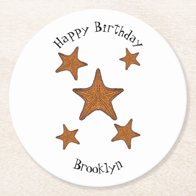 Starfish cartoon illustration  round paper coaster (Front)