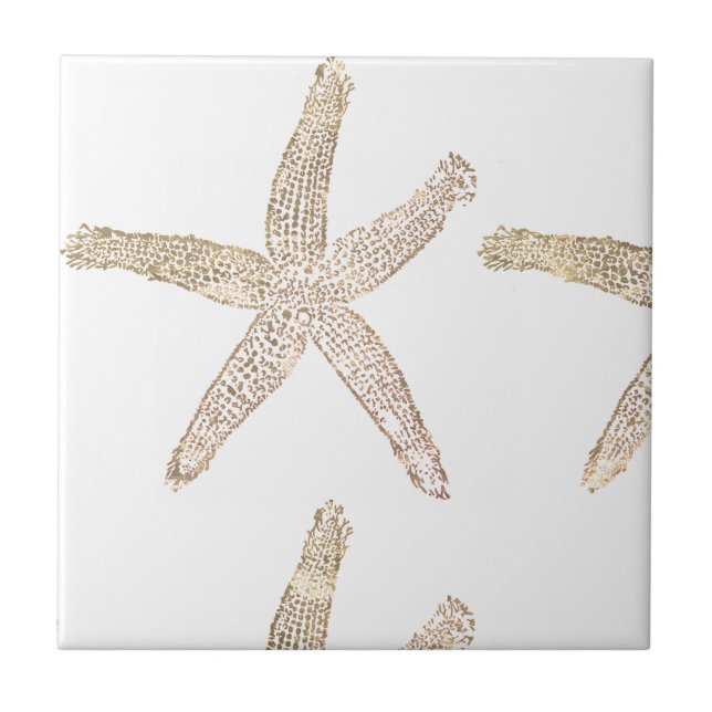 Starfish Coastal Beach Grey Grey White Beige Gift  Ceramic Tile (Front)