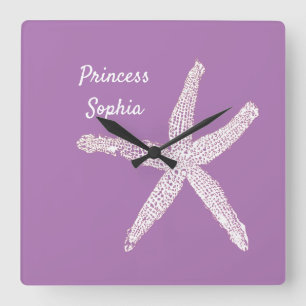 Starfish Coastal Beach Lavender Name Template Cute Square Wall Clock