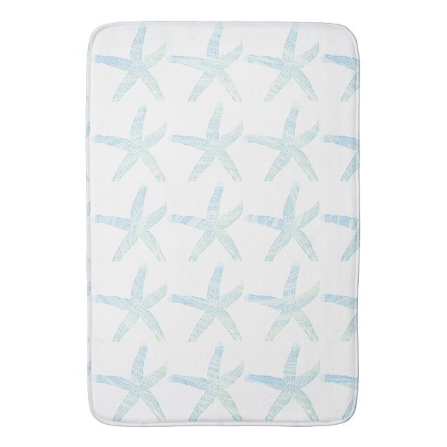 Starfish Coastal Beach Teal Blue White Aqua Decor Bath Mat (Front Vertical)