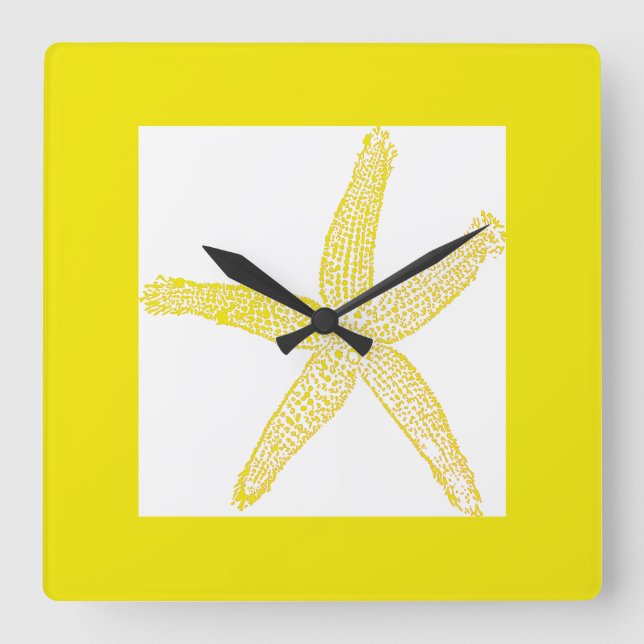 Starfish Coastal Beach Theme Yellow White Cool Square Wall Clock (Front)