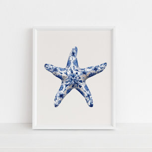 Starfish – Coastal Blue on Beige Wall Art