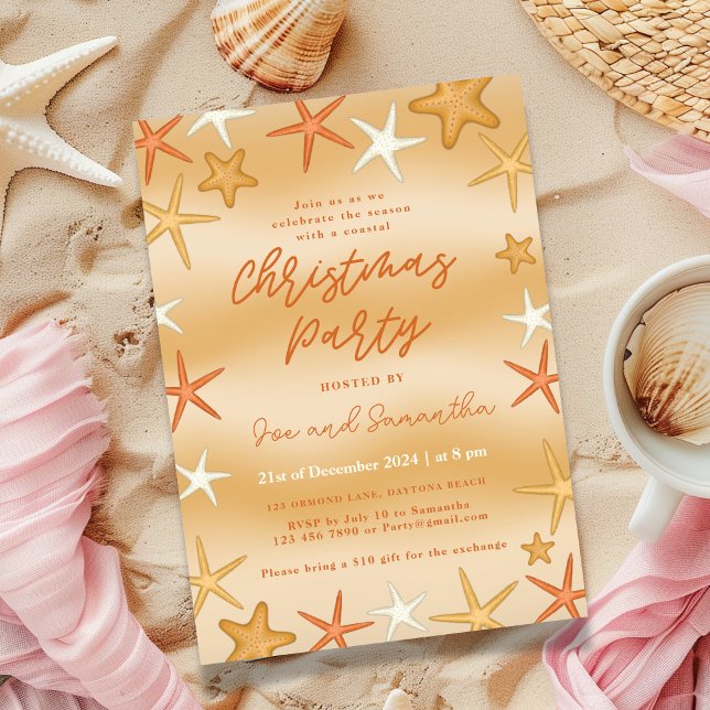 Starfish Coastal Christmas Party Invitation (Coastal Christmas Party, Starfish design)
