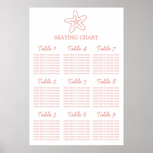 Starfish coral sea wedding seating table plan poster (Front)